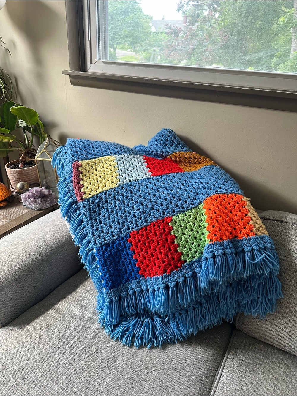 Large Blue Multi-color crochet knit Blanket Throw with Fringe full/queen